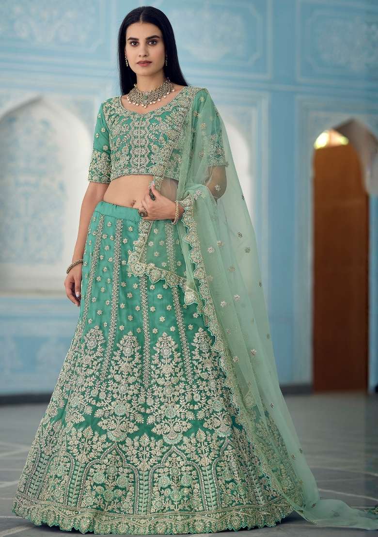 Turquoise Blue Embroidered Organza Lehenga Set - Indya