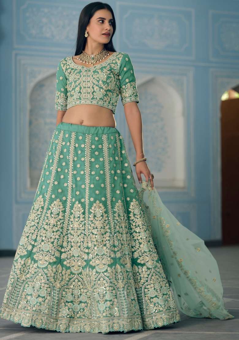 Turquoise Blue Embroidered Organza Lehenga Set - Indya