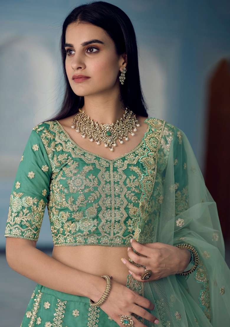 Turquoise Blue Embroidered Organza Lehenga Set - Indya