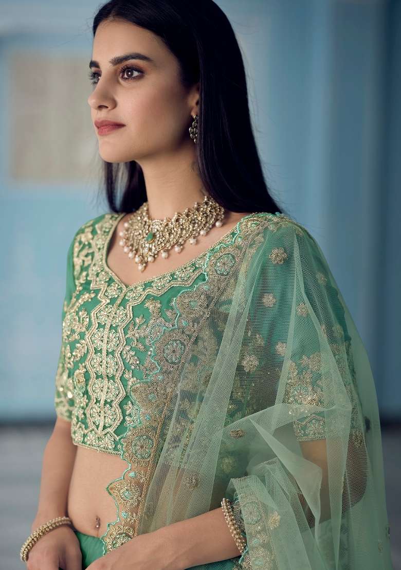 Turquoise Blue Embroidered Organza Lehenga Set - Indya