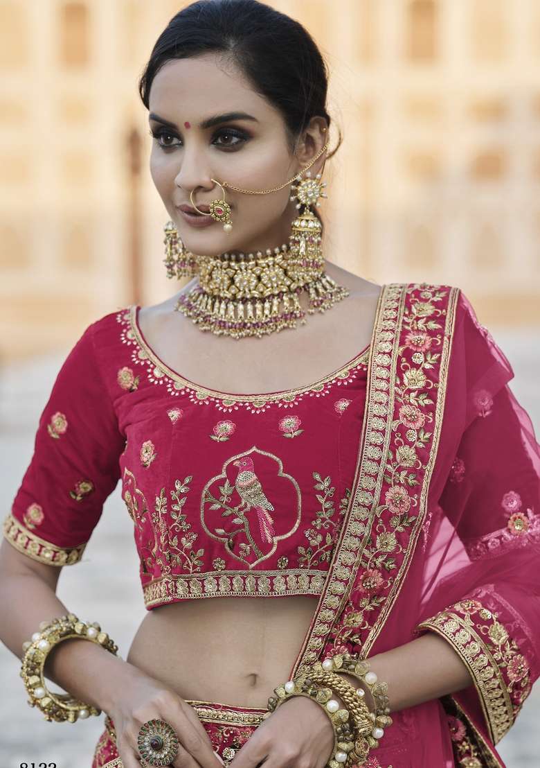 Pink Embroidered Velvet Lehenga Set - Indya