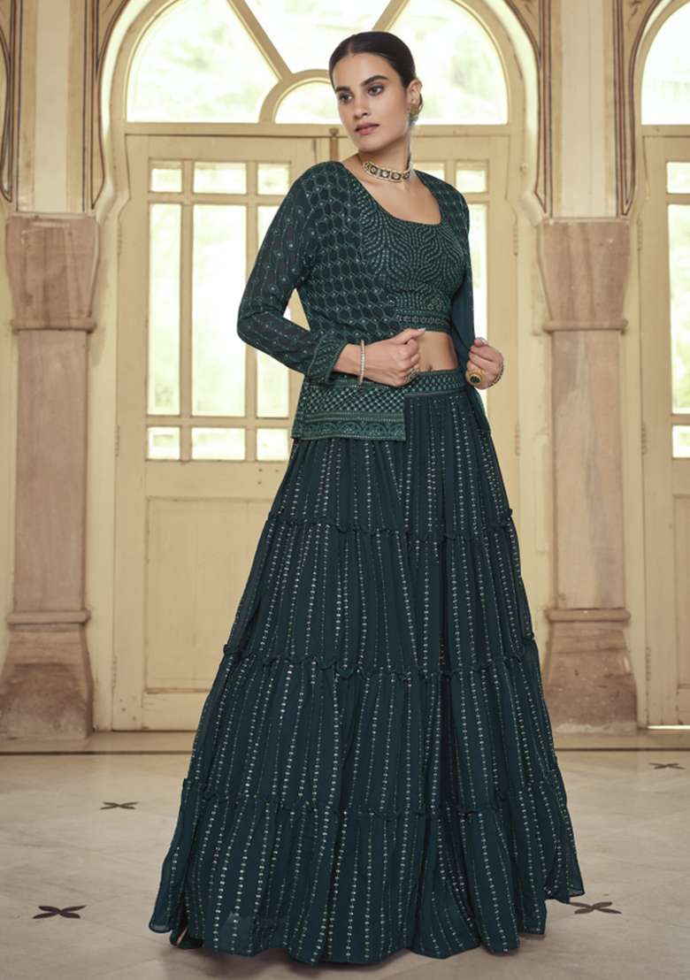 Dark Green Embroidered Georgette Lehenga Set for Diwali and Festive Wear - Indya
