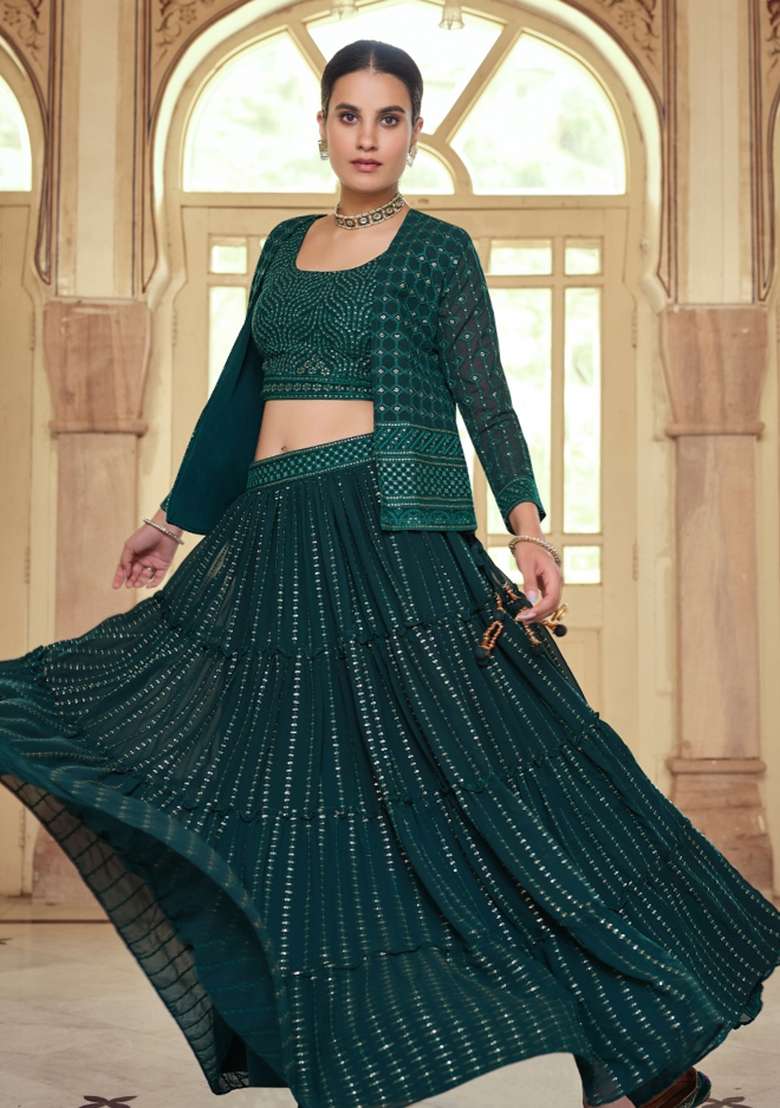 Dark Green Embroidered Georgette Lehenga Set for Diwali and Festive Wear - Indya