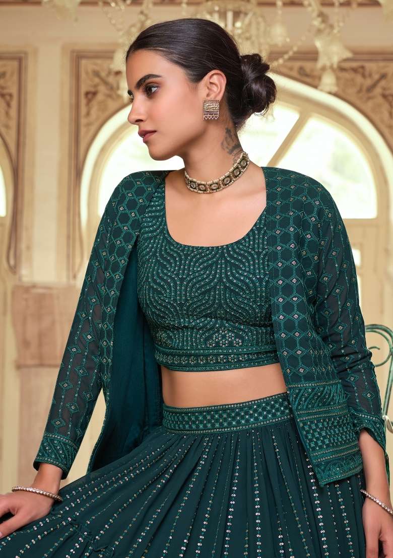 Dark Green Embroidered Georgette Lehenga Set for Diwali and Festive Wear - Indya
