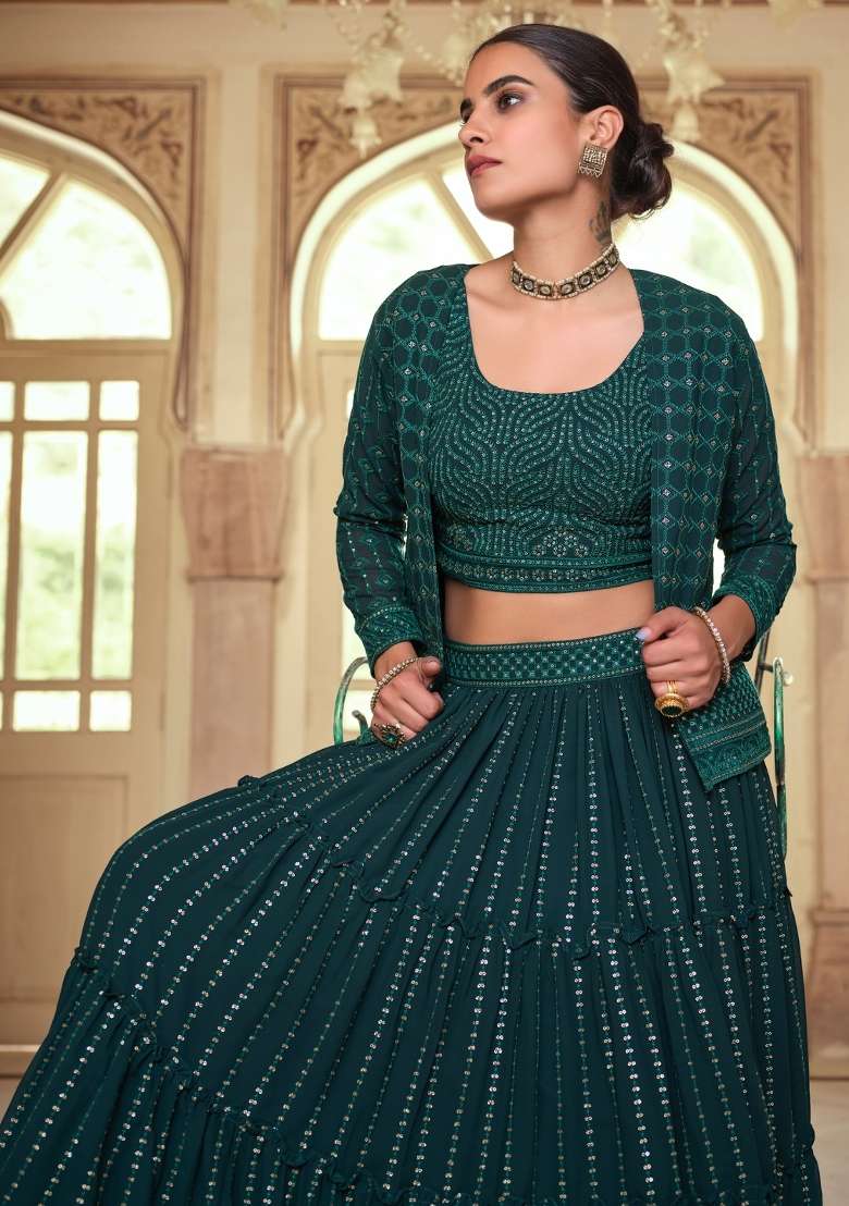 Dark Green Embroidered Georgette Lehenga Set for Diwali and Festive Wear - Indya