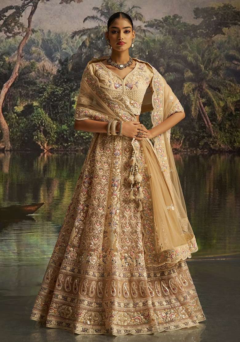 Cream Embroidered Georgette Lehenga Set - Indya