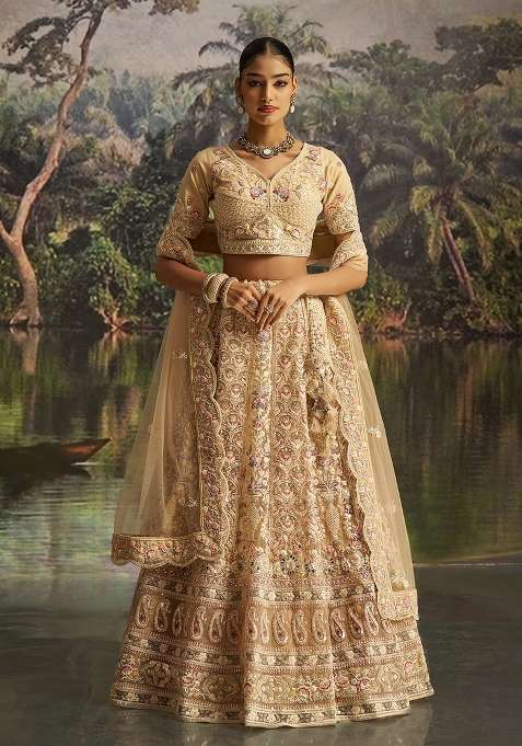 Cream Embroidered Georgette Lehenga Set