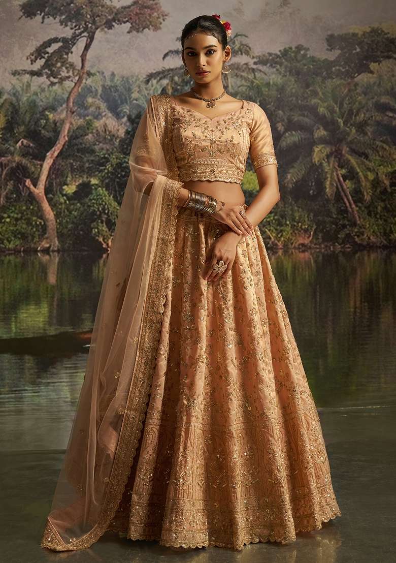 Peach Embroidered Net Lehenga Set - Indya