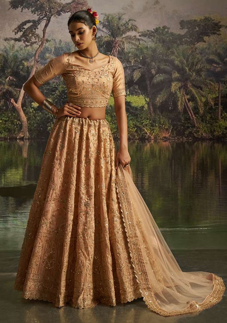 Peach Embroidered Net Lehenga Set - Indya