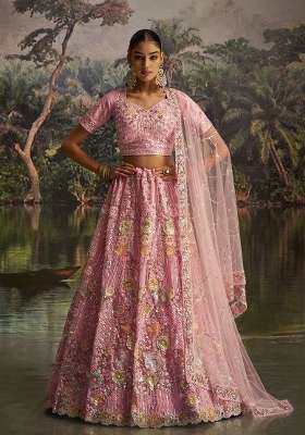Pink Embroidered Net Lehenga Set