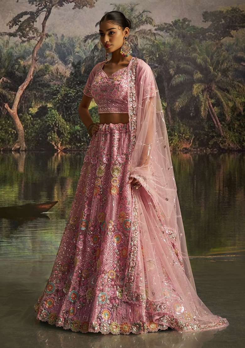 Pink Embroidered Net Lehenga Set - Indya