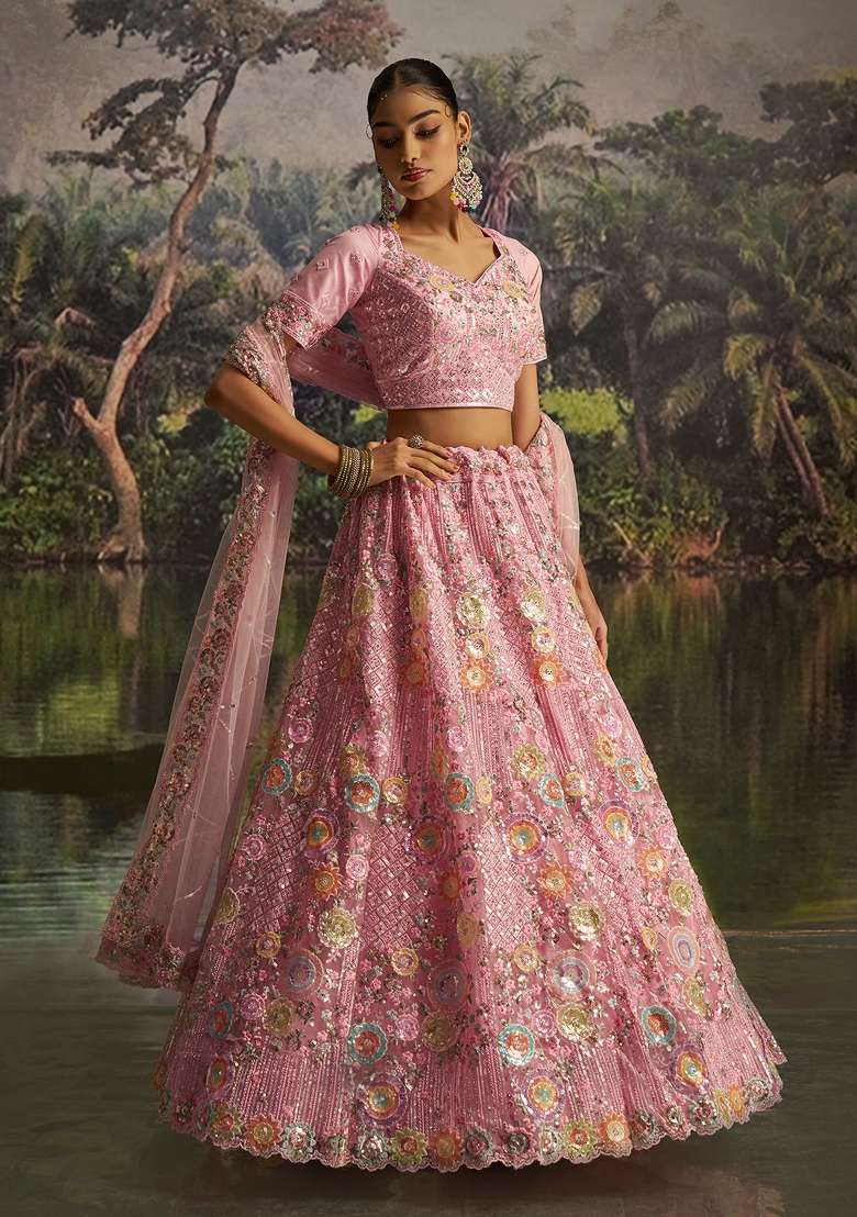 Pink Embroidered Net Lehenga Set - Indya