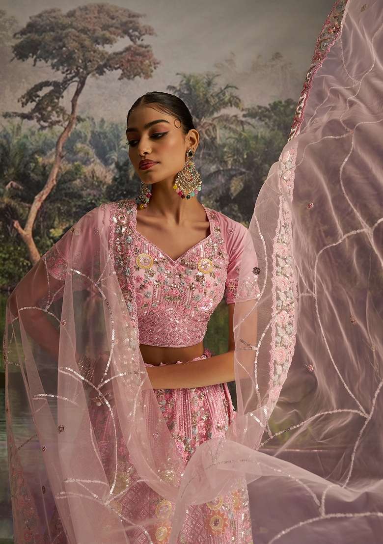 Pink Embroidered Net Lehenga Set - Indya