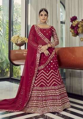 Red Embroidered Georgette Lehenga Set for Diwali and Festive Wear