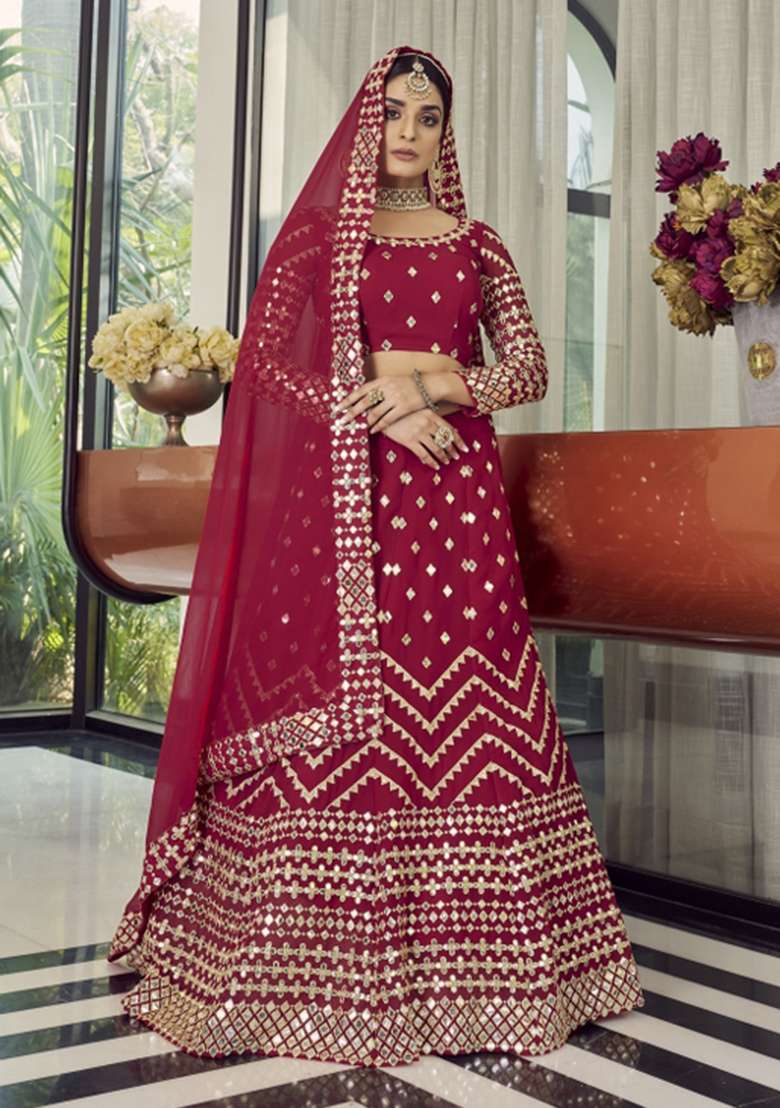 Red Embroidered Georgette Lehenga Set for Diwali and Festive Wear - Indya