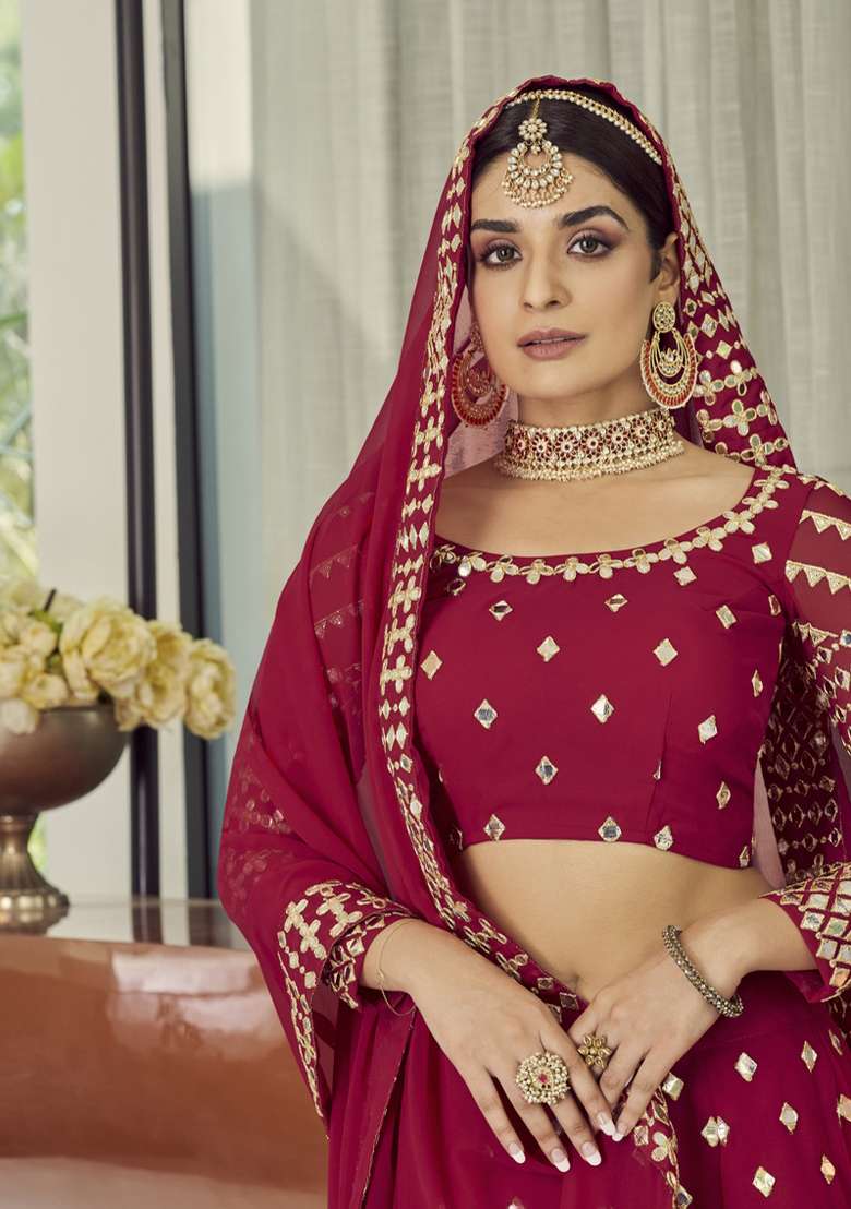 Red Embroidered Georgette Lehenga Set for Diwali and Festive Wear - Indya