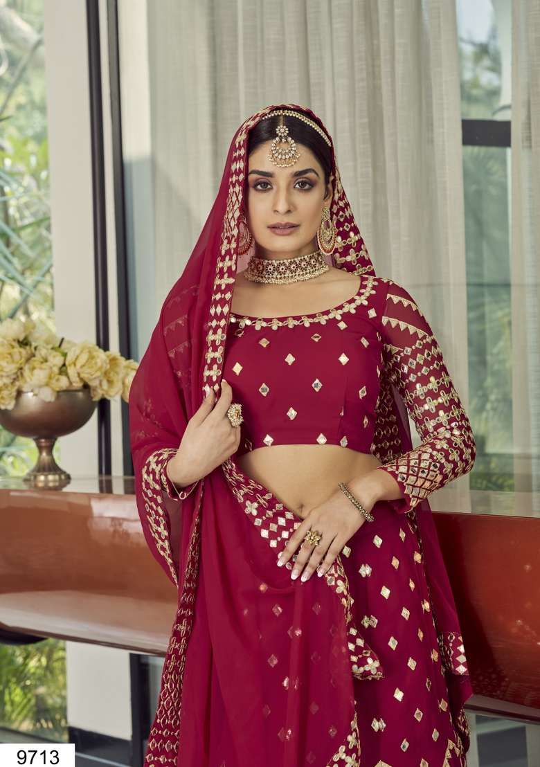 Red Embroidered Georgette Lehenga Set for Diwali and Festive Wear - Indya