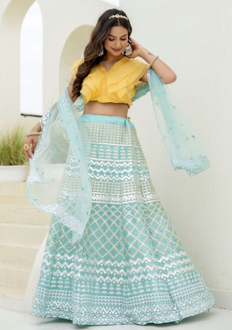 Turquoise Blue Embroidered Georgette Lehenga Set for Diwali and Festive Wear - Indya