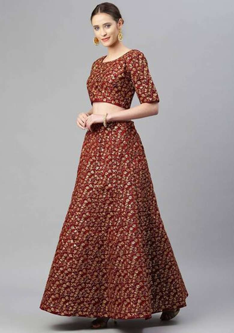 Maroon Embroidered Organza Lehenga Set for Diwali and Festive Wear - Indya