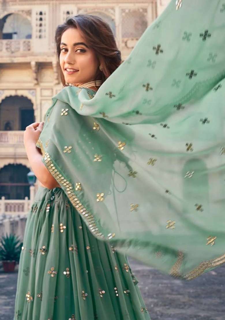 Green Georgette Lehenga Set with Embroidered for Diwali | Wedding & Festive Wear - Indya