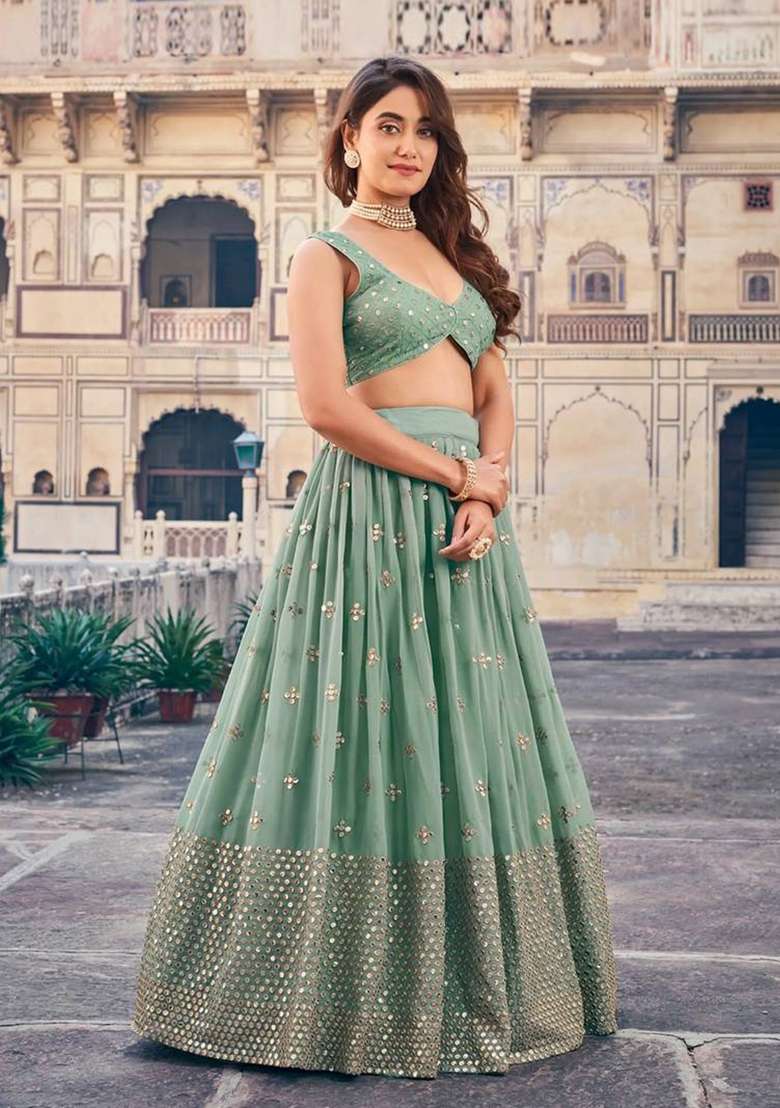 Green Georgette Lehenga Set with Embroidered for Diwali | Wedding & Festive Wear - Indya