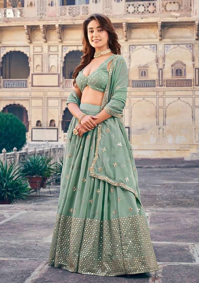 Green Georgette Lehenga Set with Embroidered for Diwali | Wedding & Festive Wear - Indya