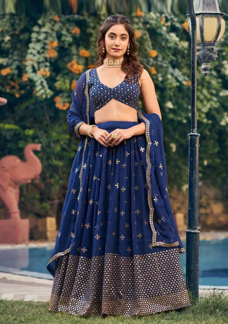 Blue Georgette Lehenga Set with Embroidered for Diwali | Wedding & Festive Wear - Indya