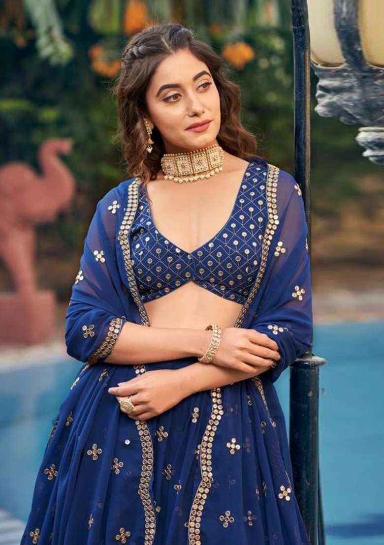 Blue Georgette Lehenga Set with Embroidered for Diwali | Wedding & Festive Wear - Indya