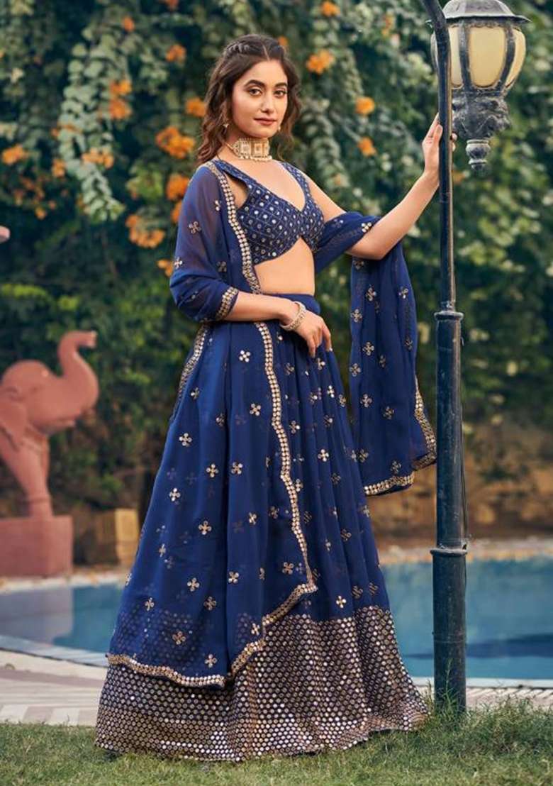 Blue Georgette Lehenga Set with Embroidered for Diwali | Wedding & Festive Wear - Indya