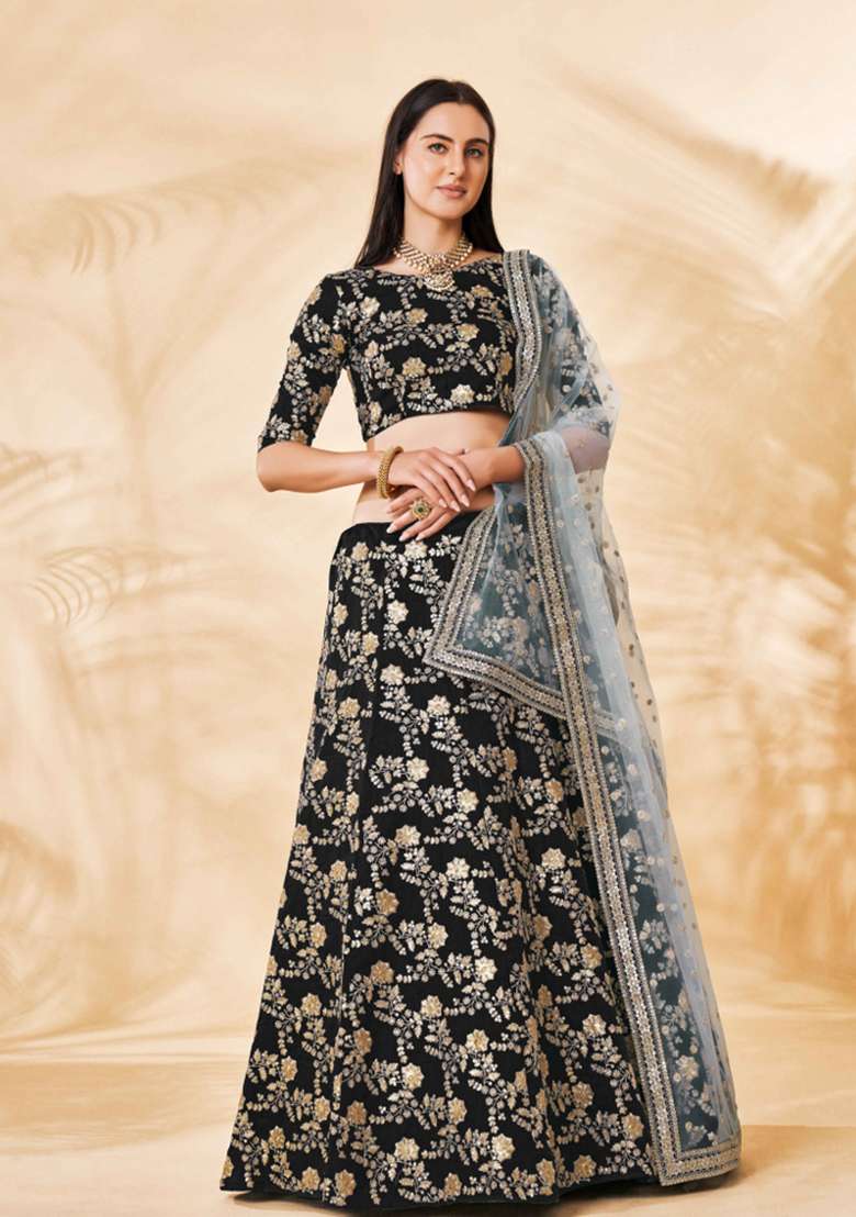 Black Silk Blend Lehenga Set with Embroidered for Diwali | Wedding & Festive Wear - Indya
