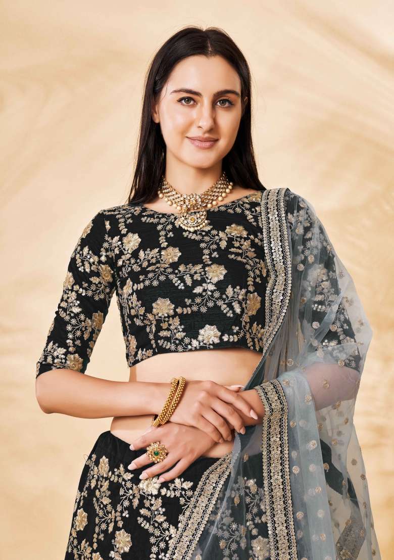 Black Silk Blend Lehenga Set with Embroidered for Diwali | Wedding & Festive Wear - Indya