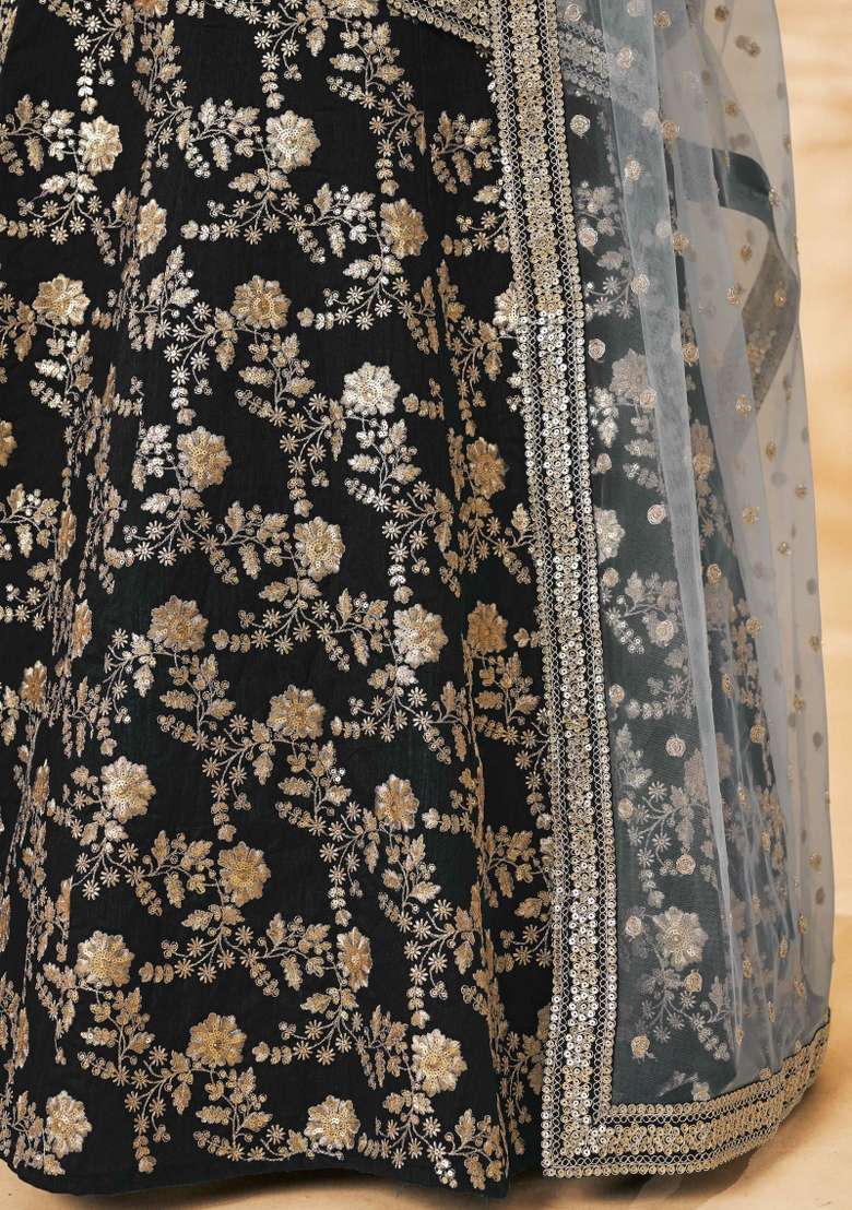 Black Silk Blend Lehenga Set with Embroidered for Diwali | Wedding & Festive Wear - Indya