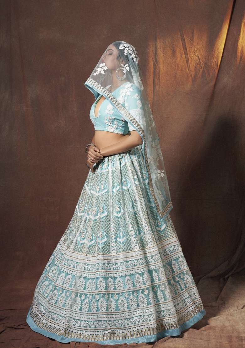 Sky Blue Embroidered Silk Blend Lehenga Set for Diwali and Festive Wear - Indya