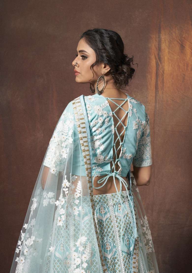Sky Blue Embroidered Silk Blend Lehenga Set for Diwali and Festive Wear - Indya