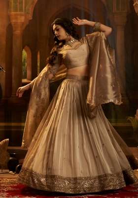 Brown Embroidered Silk Blend Lehenga Set for Diwali and Festive Wear