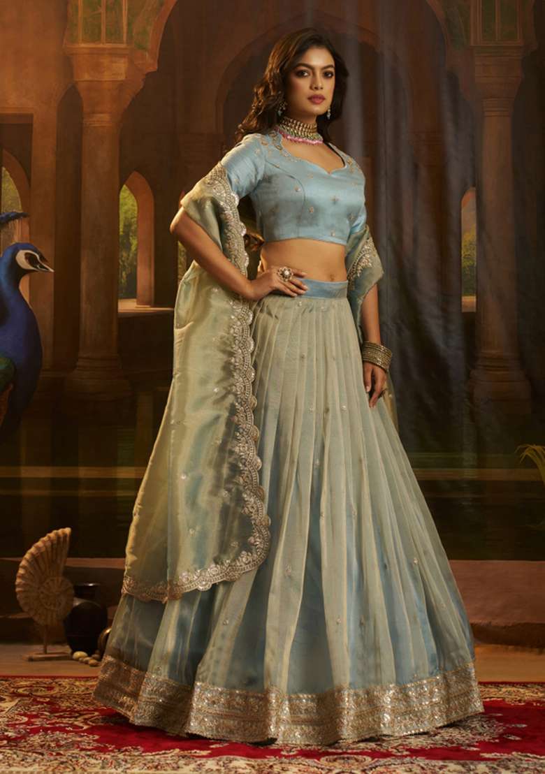 Turquoise Blue Embroidered Silk Blend Lehenga Set for Diwali and Festive Wear - Indya