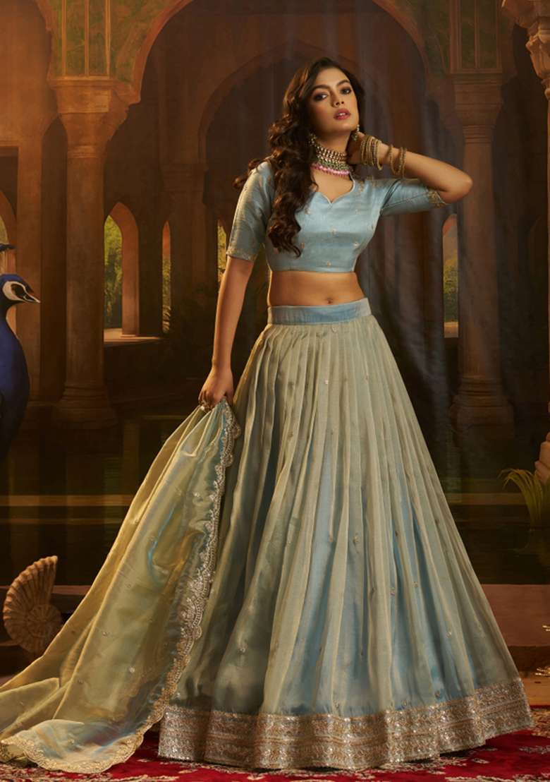 Turquoise Blue Embroidered Silk Blend Lehenga Set for Diwali and Festive Wear - Indya