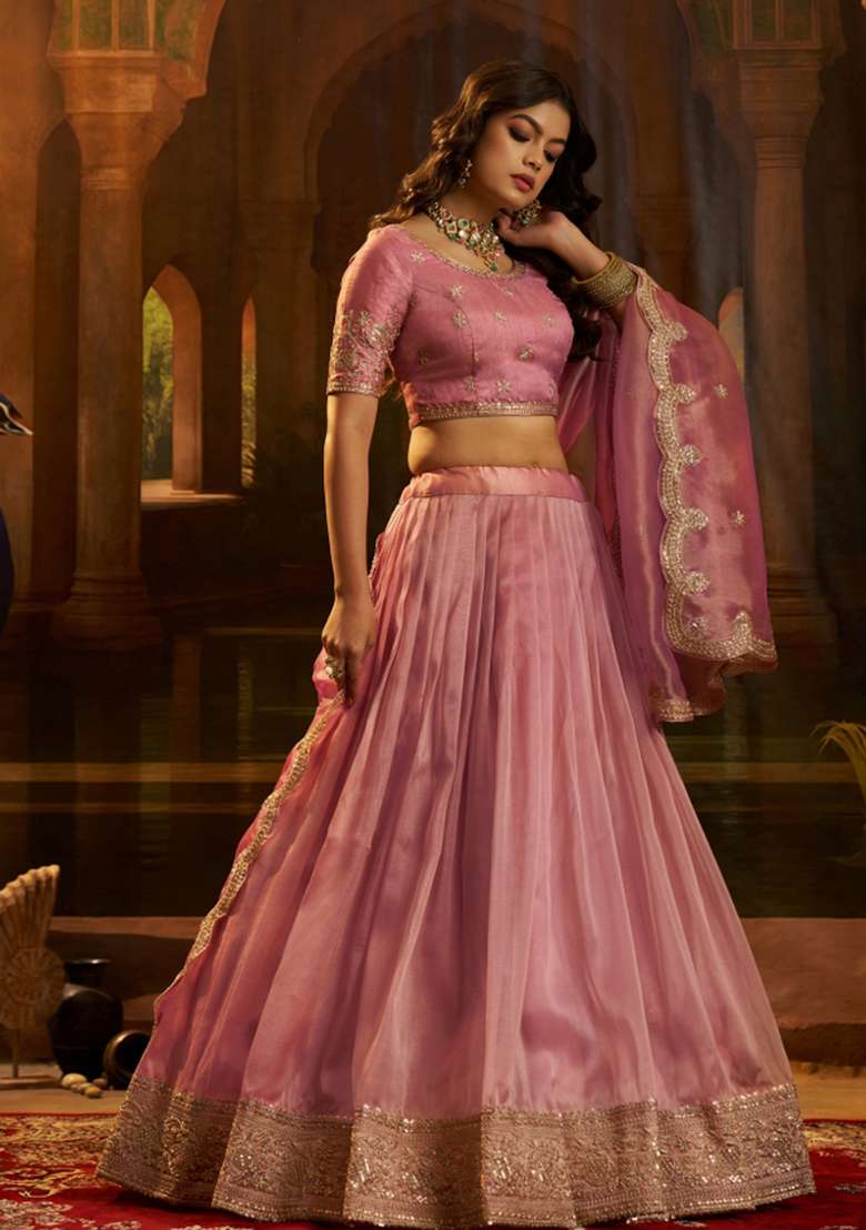 Pink Silk Blend Lehenga Set with Embroidered for Diwali | Wedding & Festive Wear - Indya