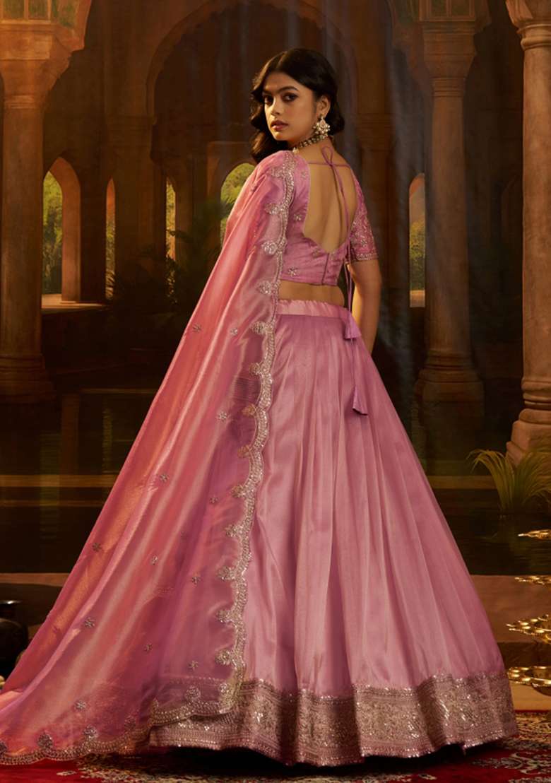 Pink Silk Blend Lehenga Set with Embroidered for Diwali | Wedding & Festive Wear - Indya
