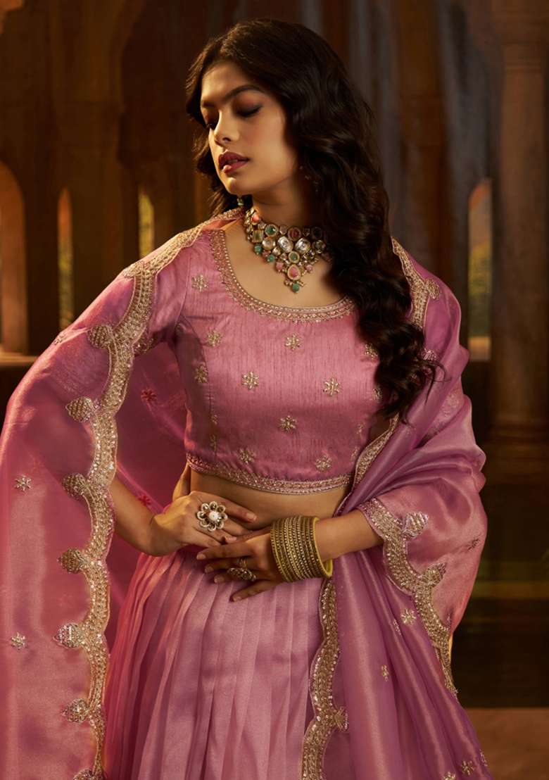 Pink Silk Blend Lehenga Set with Embroidered for Diwali | Wedding & Festive Wear - Indya