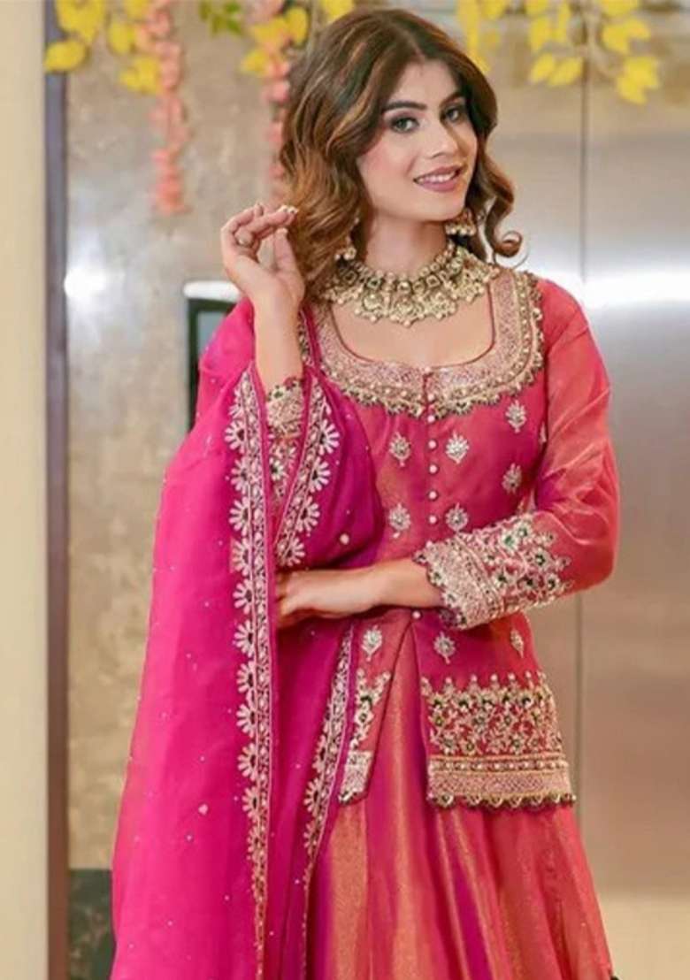 Pink Embroidered Silk Blend Lehenga Set for Diwali and Festive Wear - Indya