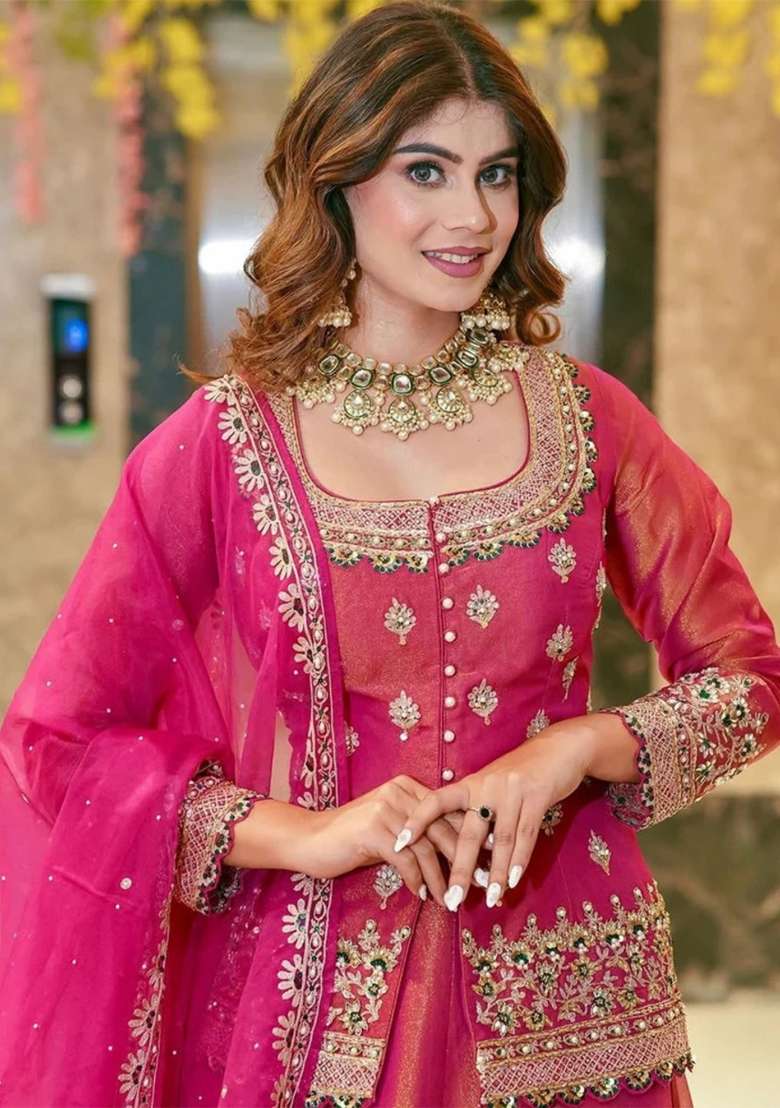 Pink Embroidered Silk Blend Lehenga Set for Diwali and Festive Wear - Indya
