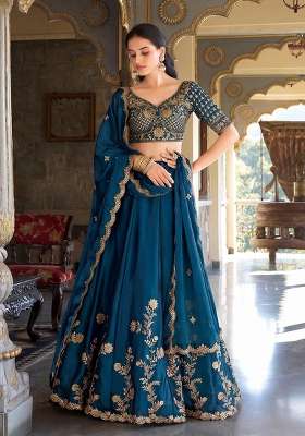 Blue Silk Blend Lehenga Set with Embroidered for Diwali | Wedding & Festive Wear