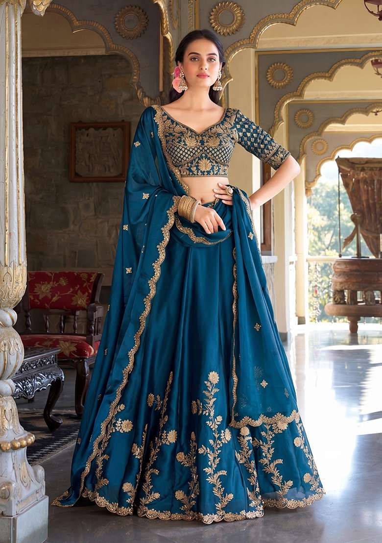 Blue Silk Blend Lehenga Set with Embroidered for Diwali | Wedding & Festive Wear - Indya
