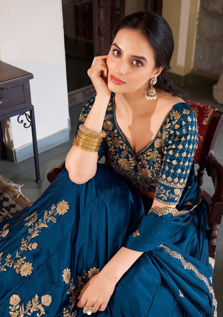 Blue Silk Blend Lehenga Set with Embroidered for Diwali | Wedding & Festive Wear - Indya