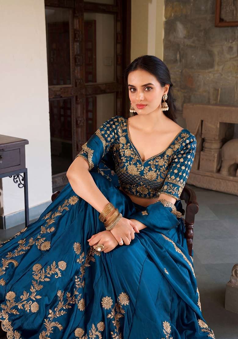 Blue Silk Blend Lehenga Set with Embroidered for Diwali | Wedding & Festive Wear - Indya