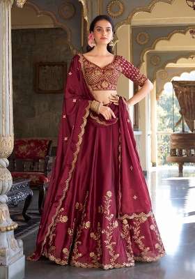 Rani Pink Embroidered Silk Blend Lehenga Set for Diwali and Festive Wear