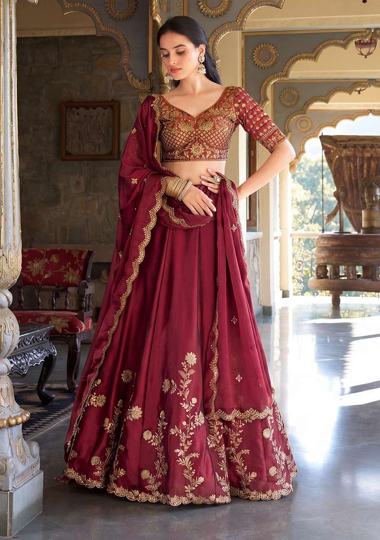 Rani Pink Embroidered Silk Blend Lehenga Set for Diwali and Festive Wear - Indya