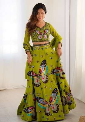 Green Georgette Lehenga Set with Embroidered for Diwali | Wedding & Festive Wear