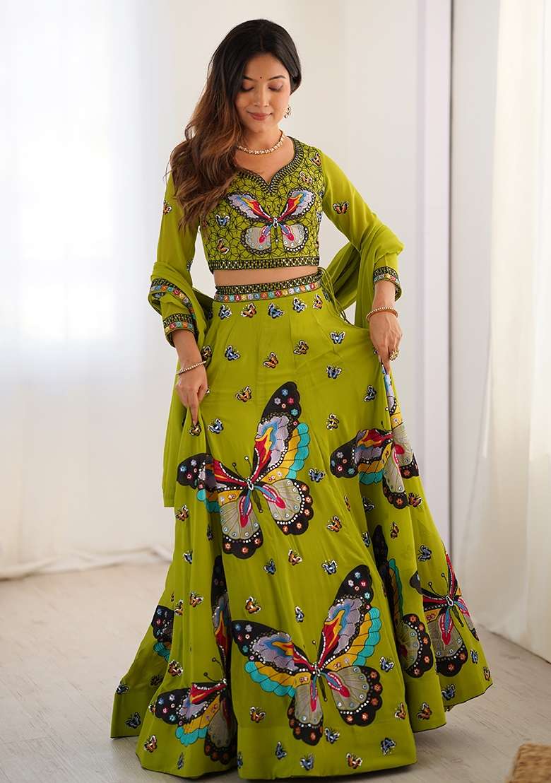 Green Georgette Lehenga Set with Embroidered for Diwali | Wedding & Festive Wear - Indya